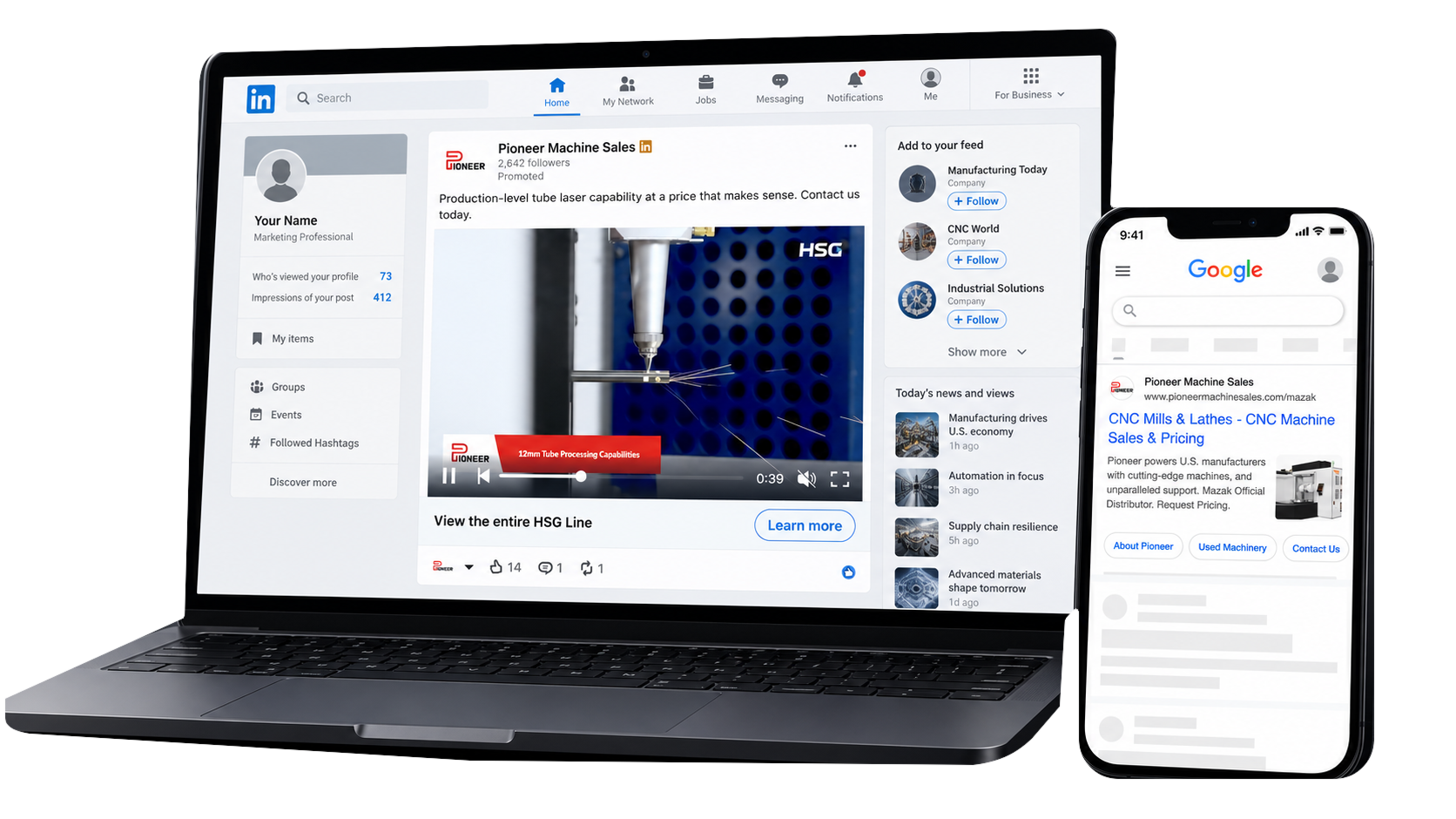 Manufacturing advertising shown on LinkedIn and Google across desktop and mobile